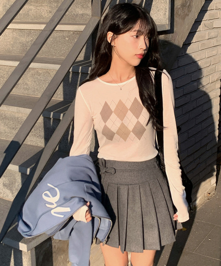 アーガイルテンセル長袖Tシャツ IVORY