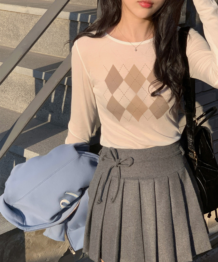 アーガイルテンセル長袖Tシャツ IVORY