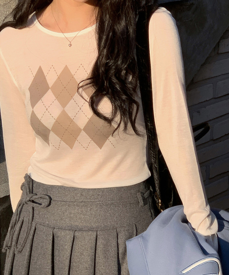 アーガイルテンセル長袖Tシャツ IVORY