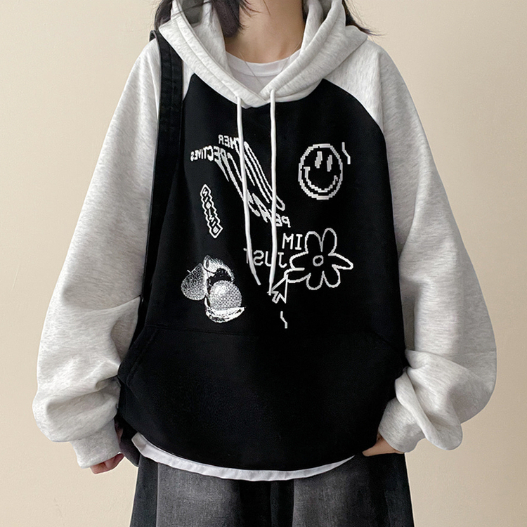 【起毛】ラグランバイカラーフード BLACK