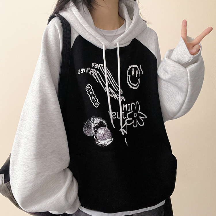 【起毛】ラグランバイカラーフード BLACK