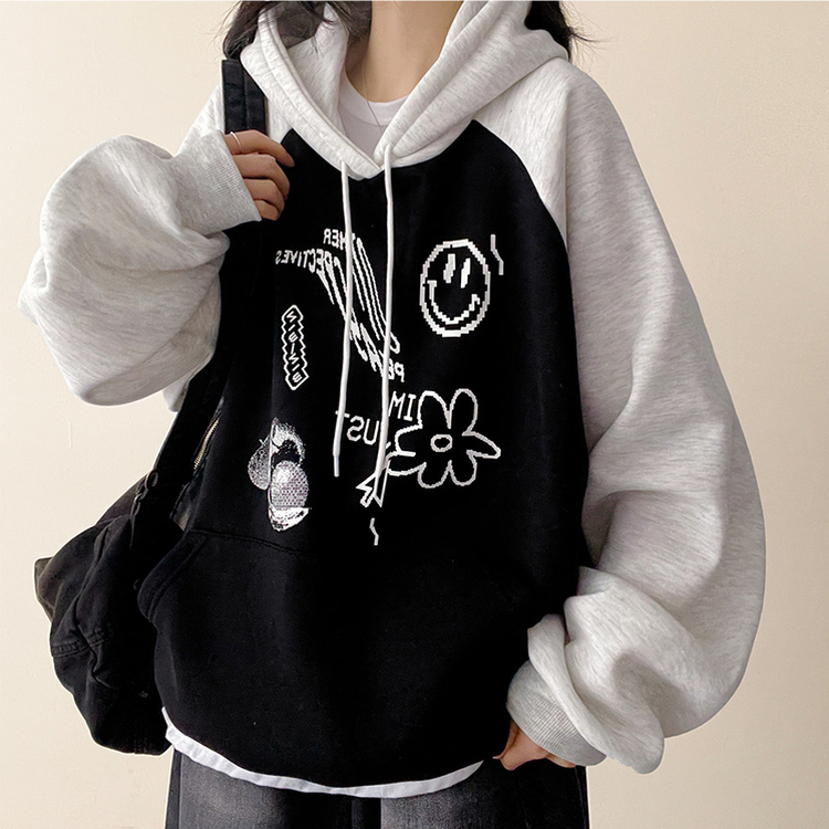 【起毛】ラグランバイカラーフード BLACK