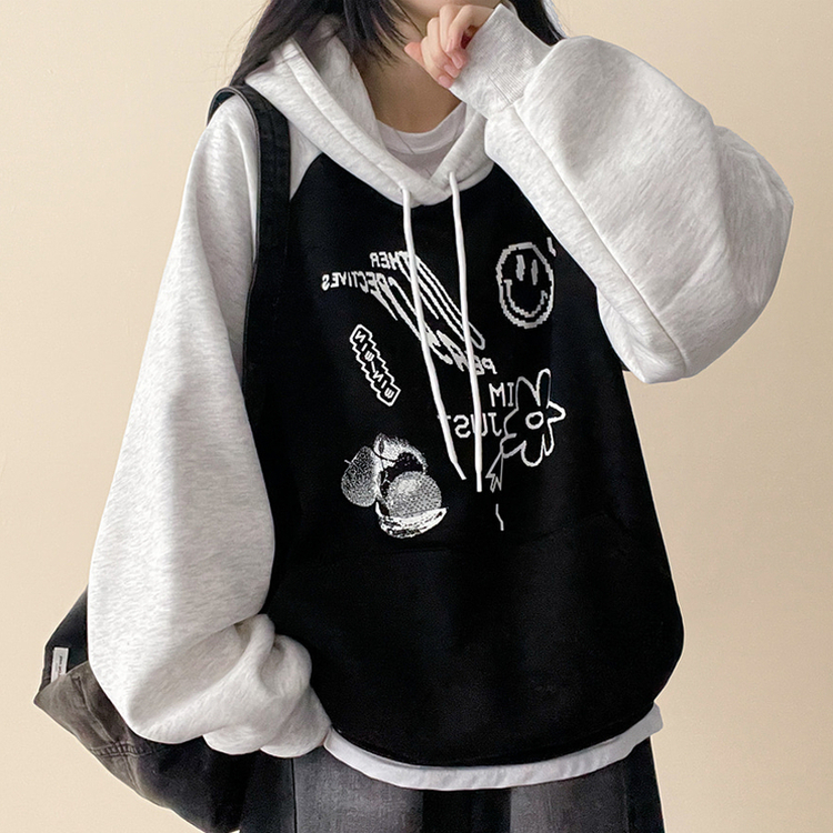 【起毛】ラグランバイカラーフード BLACK