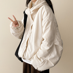 ハイネックコーデュロイウール裏地フードジャンパー BEIGE