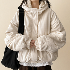 ハイネックコーデュロイウール裏地フードジャンパー BEIGE