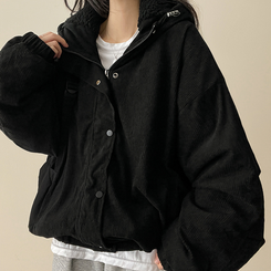 ハイネックコーデュロイウール裏地フードジャンパー BLACK