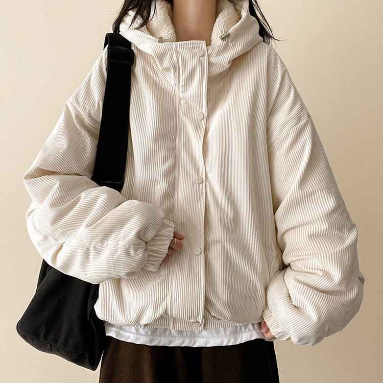 ハイネックコーデュロイウール裏地フードジャンパー BEIGE