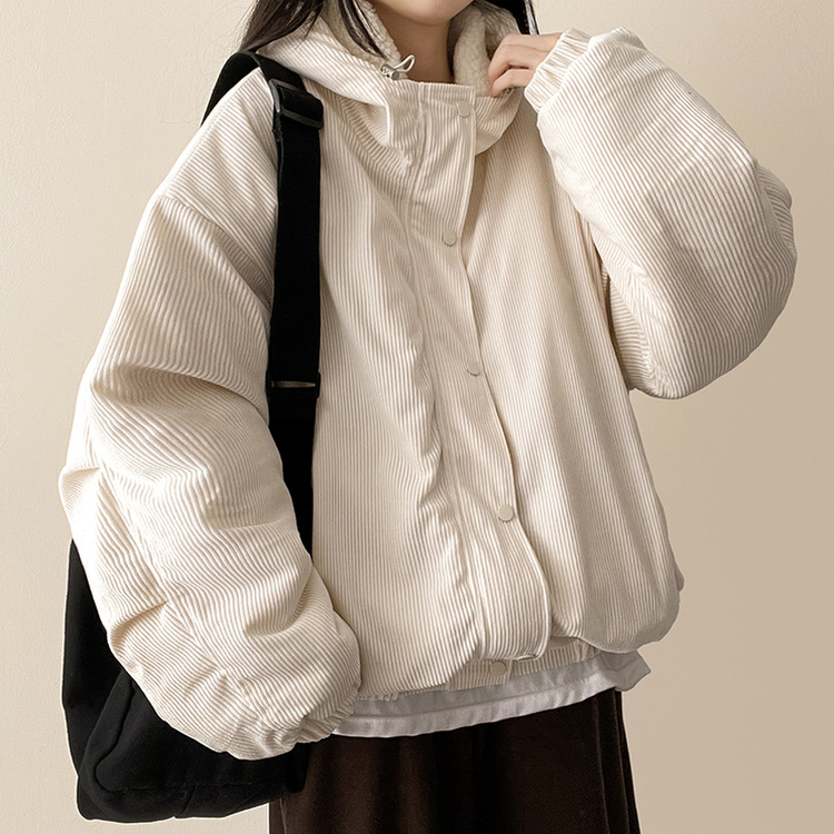 ハイネックコーデュロイウール裏地フードジャンパー BEIGE