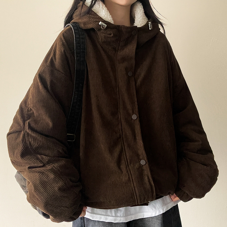 ハイネックコーデュロイウール裏地フードジャンパー BROWN