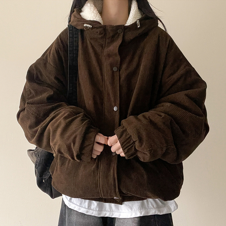 ハイネックコーデュロイウール裏地フードジャンパー BROWN