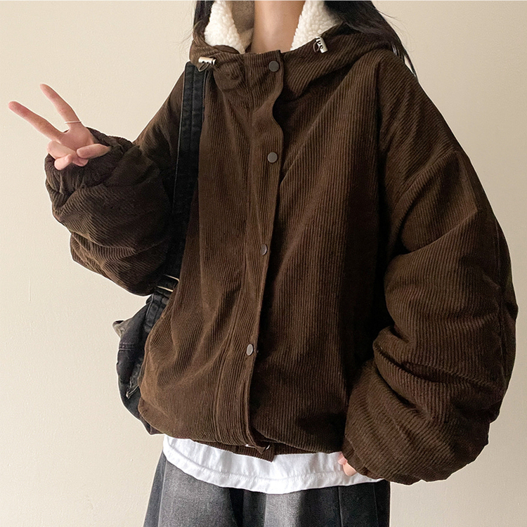 ハイネックコーデュロイウール裏地フードジャンパー BROWN