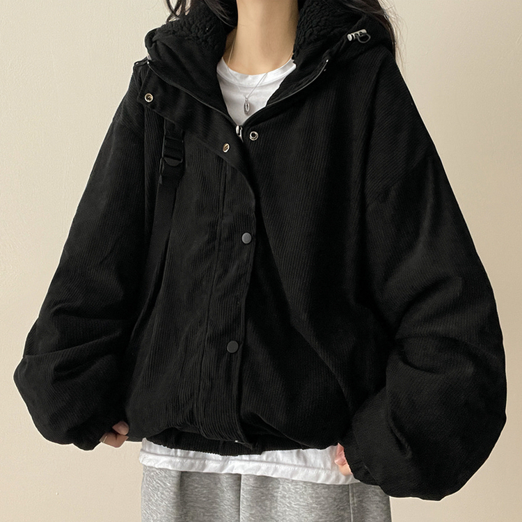 ハイネックコーデュロイウール裏地フードジャンパー BLACK