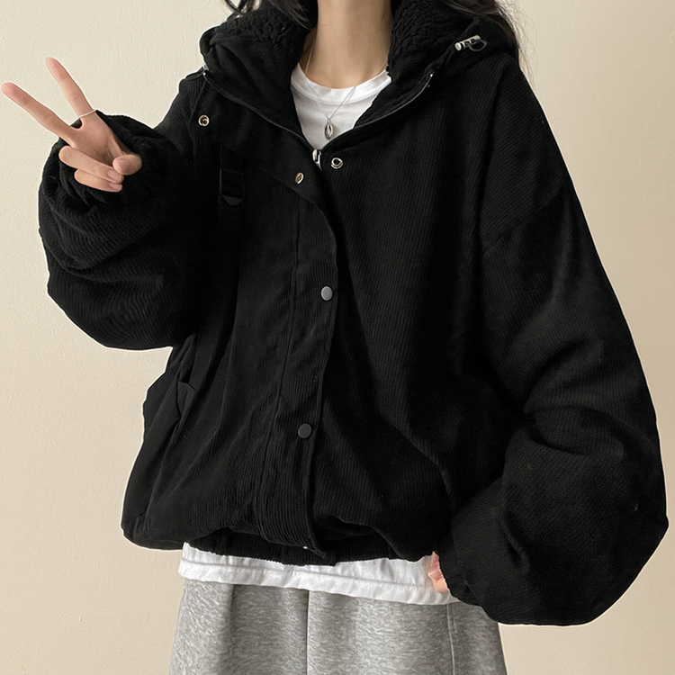 ハイネックコーデュロイウール裏地フードジャンパー BLACK