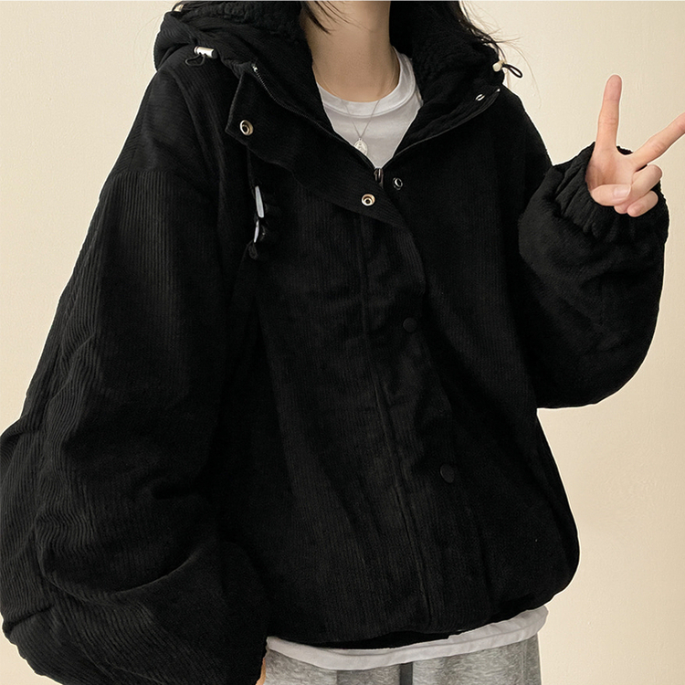 ハイネックコーデュロイウール裏地フードジャンパー BLACK