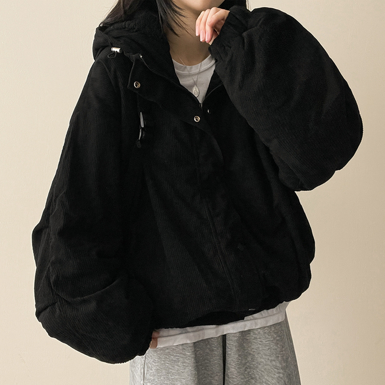 ハイネックコーデュロイウール裏地フードジャンパー BLACK