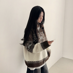 ノルディックレザーハーフジップアップニット BROWN