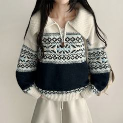 ノルディックレザーハーフジップアップニット IVORY