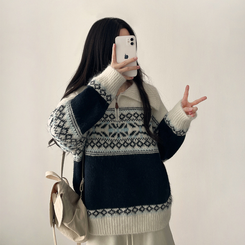 ノルディックレザーハーフジップアップニット IVORY