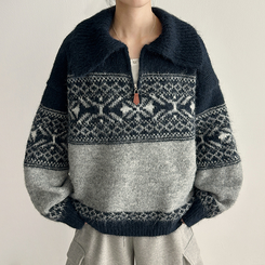 ノルディックレザーハーフジップアップニット NAVY