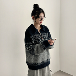 ノルディックレザーハーフジップアップニット NAVY