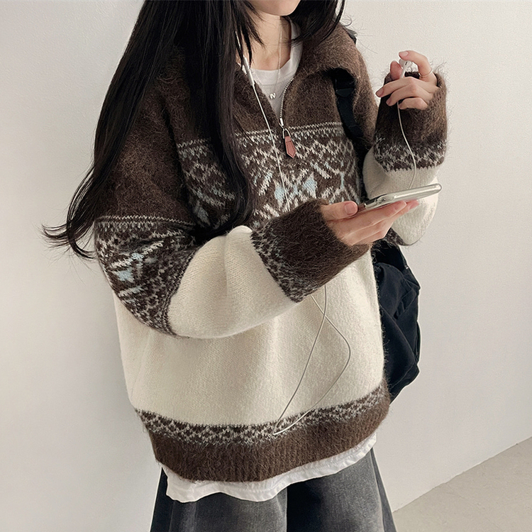 ノルディックレザーハーフジップアップニット BROWN