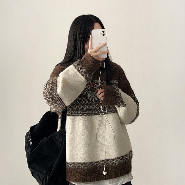 ノルディックレザーハーフジップアップニット BROWN