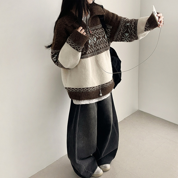 ノルディックレザーハーフジップアップニット BROWN