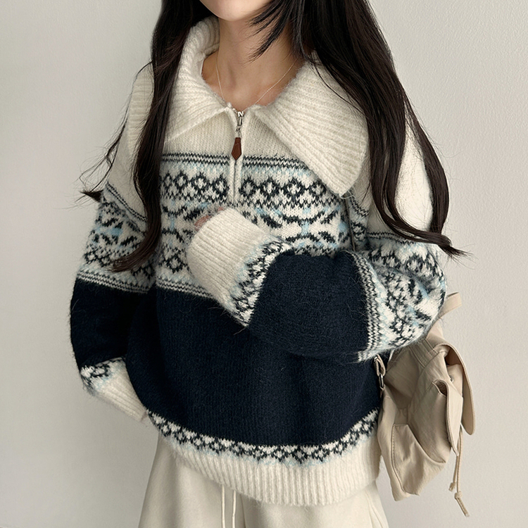 ノルディックレザーハーフジップアップニット IVORY