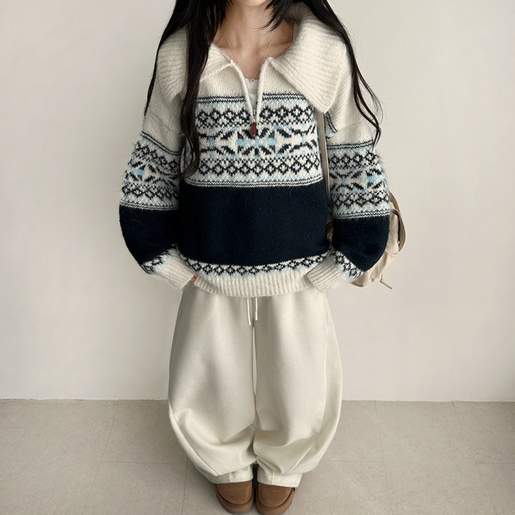 ノルディックレザーハーフジップアップニット IVORY