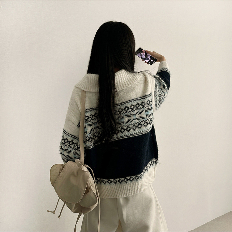 ノルディックレザーハーフジップアップニット IVORY