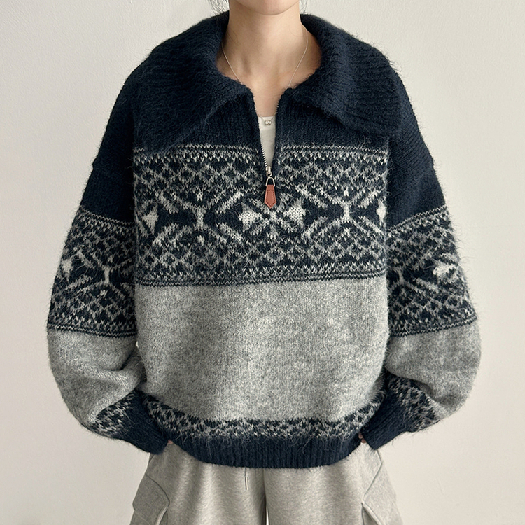 ノルディックレザーハーフジップアップニット NAVY