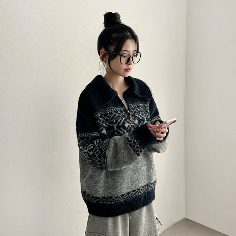 ノルディックレザーハーフジップアップニット NAVY