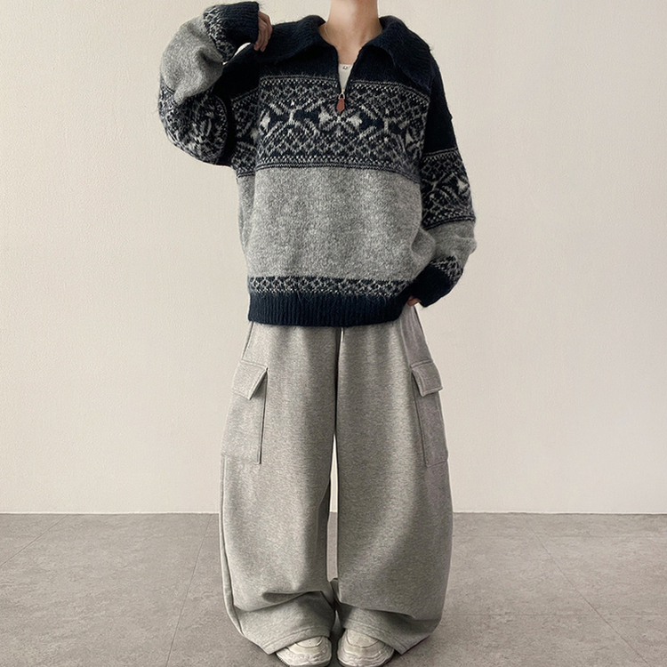 ノルディックレザーハーフジップアップニット NAVY