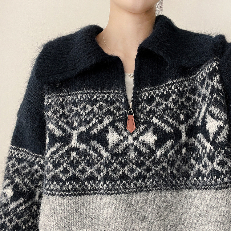 ノルディックレザーハーフジップアップニット NAVY