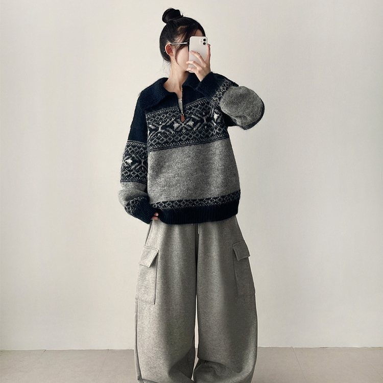 ノルディックレザーハーフジップアップニット NAVY