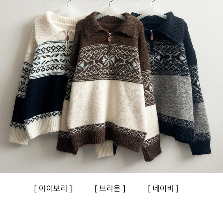 ノルディックレザーハーフジップアップニット