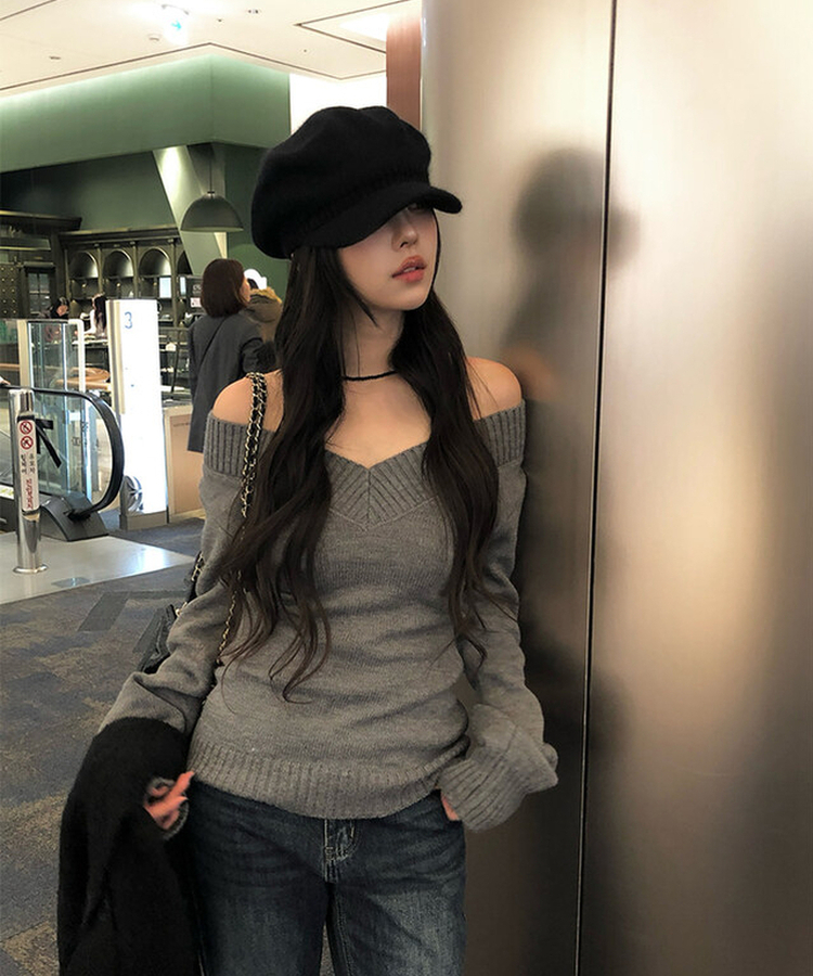 ディープVネックスリムオフニット GREY