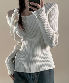 肩リボンリブスリムサイドスリットニット IVORY