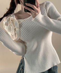 肩リボンリブスリムサイドスリットニット IVORY