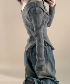 肩リボンリブスリムサイドスリットニット GREY