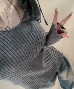 肩リボンリブスリムサイドスリットニット GREY