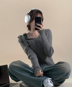 肩リボンリブスリムサイドスリットニット GREY
