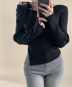 肩リボンリブスリムサイドスリットニット BLACK