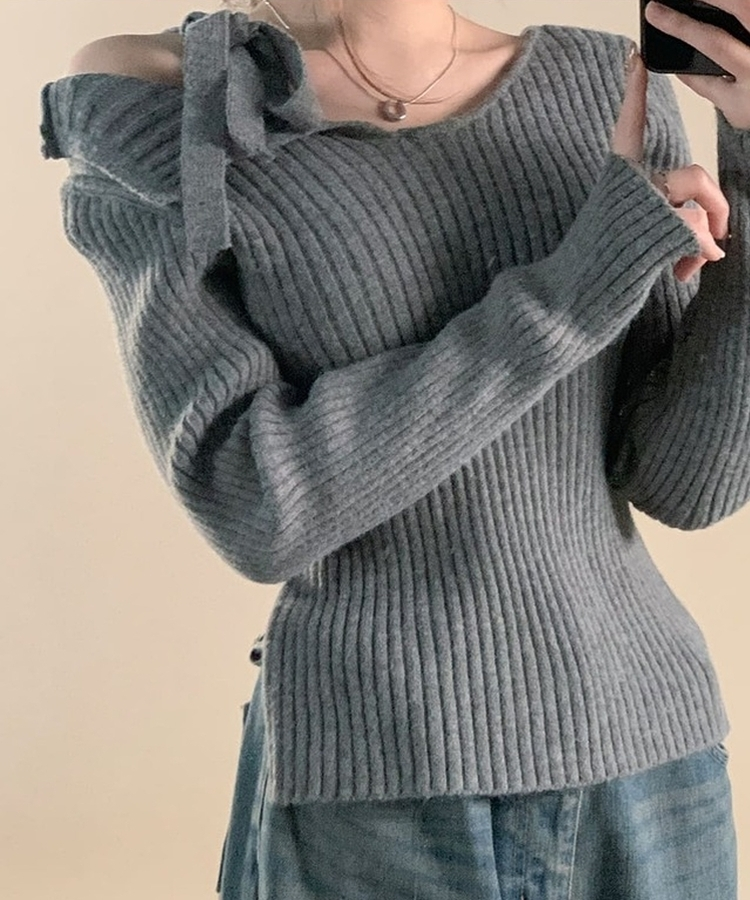 肩リボンリブスリムサイドスリットニット GREY