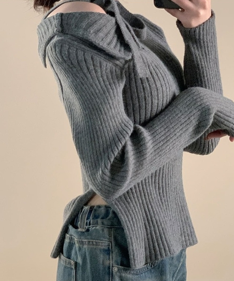 肩リボンリブスリムサイドスリットニット GREY