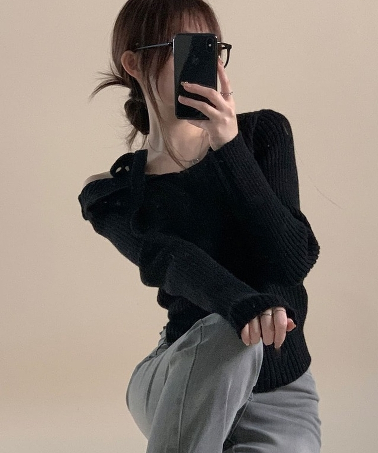 肩リボンリブスリムサイドスリットニット BLACK