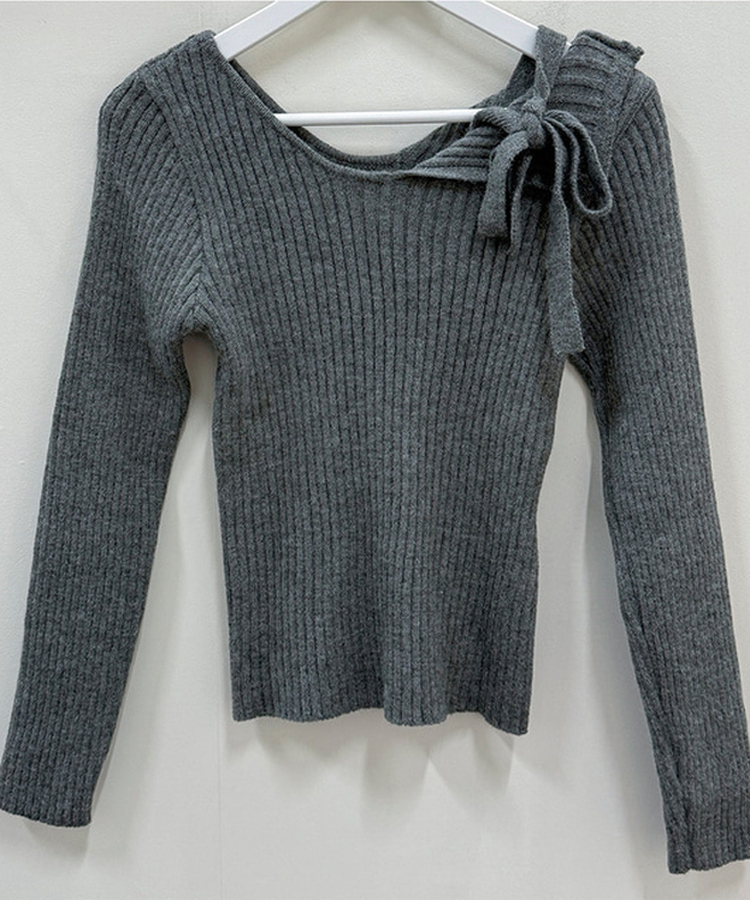 肩リボンリブスリムサイドスリットニット