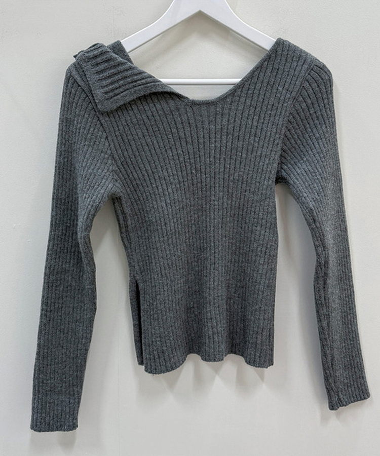 肩リボンリブスリムサイドスリットニット