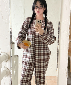 【SET】キルティングチェックパジャマ BROWN