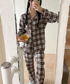 【SET】キルティングチェックパジャマ BROWN